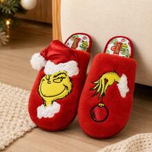 The Grinch 1 Pair Adult Christmas Plush Slippers, Soft & Warm Fuzzy Indoor House Shoes With 3D Santa Hat And Cartoon Embroidery, EVA Sole, Green/Red Holiday Gift - Slippers - View 3