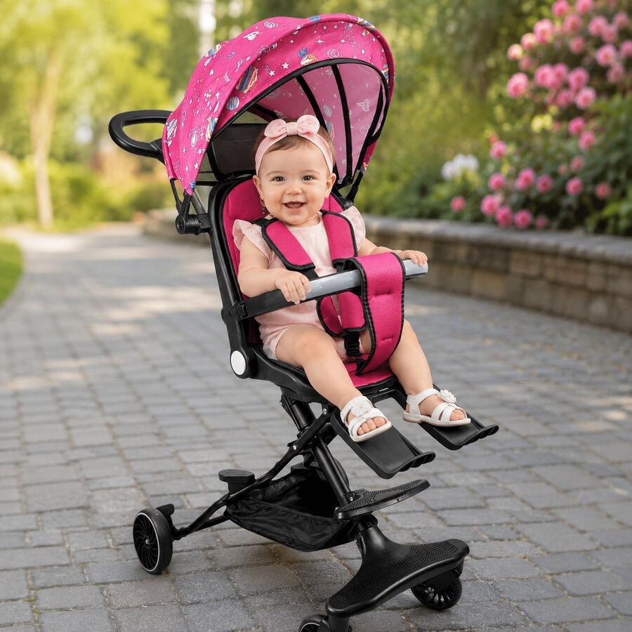 THE BABY SHOP Baby Stroller, 360° Rotating, Foldable, Reclining With Brakes - Pink - View 1