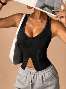 1pc Women's Seamless Washed Matte Double Cross Back Yoga Tank Top, Fitness Running Workout Outerwear Base Layer Sports Vest - Black - View 5