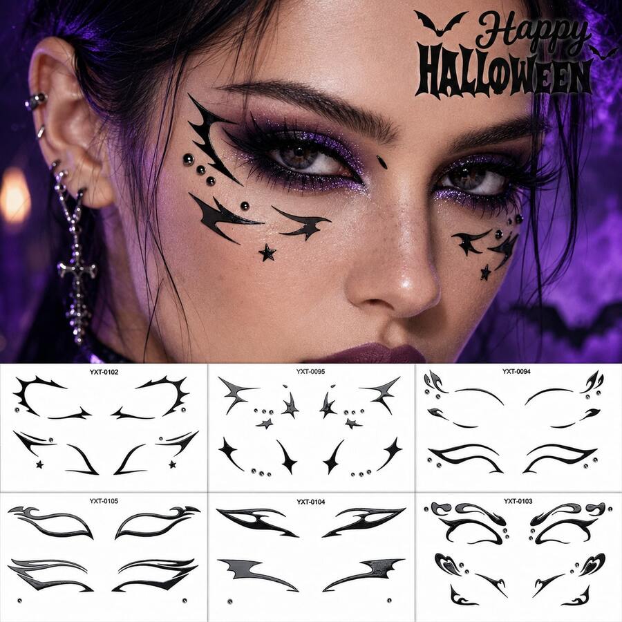 6 Sheets Spooky Halloween Eye Liner Stickers, Black Gothic Graphic Self‑Adhesive Face Decals, Easy Cosplay Party Eye Makeup Accessories For Halloween Costume