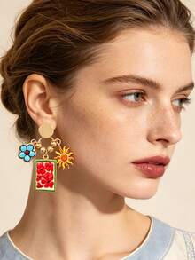 1 Pair Vintage Luxury Colorful Oil-Drip Floral Geometric Pendant Round Stud Earrings, Ethereal Exquisite Early Autumn Fashion Women Earrings - Elegant Floral Earrings - View 2