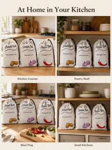 Modern Rectangular Drawstring Vegetable Storage Bag Set With Printed Potato Onion And Pepper Designs, Side Zipper Access And Easy Carry Cords, Kitchen Pantry Organizer Bags For Home, Apartment, Dorm, Housewarming, Harvest Season And Daily Use. - Multicolor - View 7