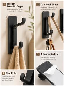 Self-Adhesive Wall Hook - Matte Black Towel Hook, Suitable For Bathroom And Kitchen; Multi-Functional Hook, Can Hang Coats, Bags And Robes; Waterproof Drill-Free Wall Mount, Using Super Strong Removable Adhesive; Strong Load-Bearing Capacity - Multicolor - View 2