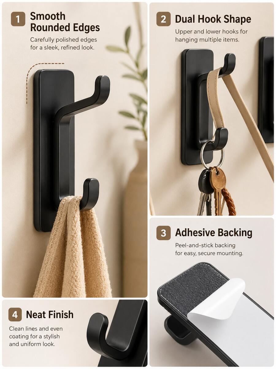 Self-Adhesive Wall Hook - Matte Black Towel Hook, Suitable For Bathroom And Kitchen; Multi-Functional Hook, Can Hang Coats, Bags And Robes; Waterproof Drill-Free Wall Mount, Using Super Strong Removable Adhesive; Strong Load-Bearing Capacity