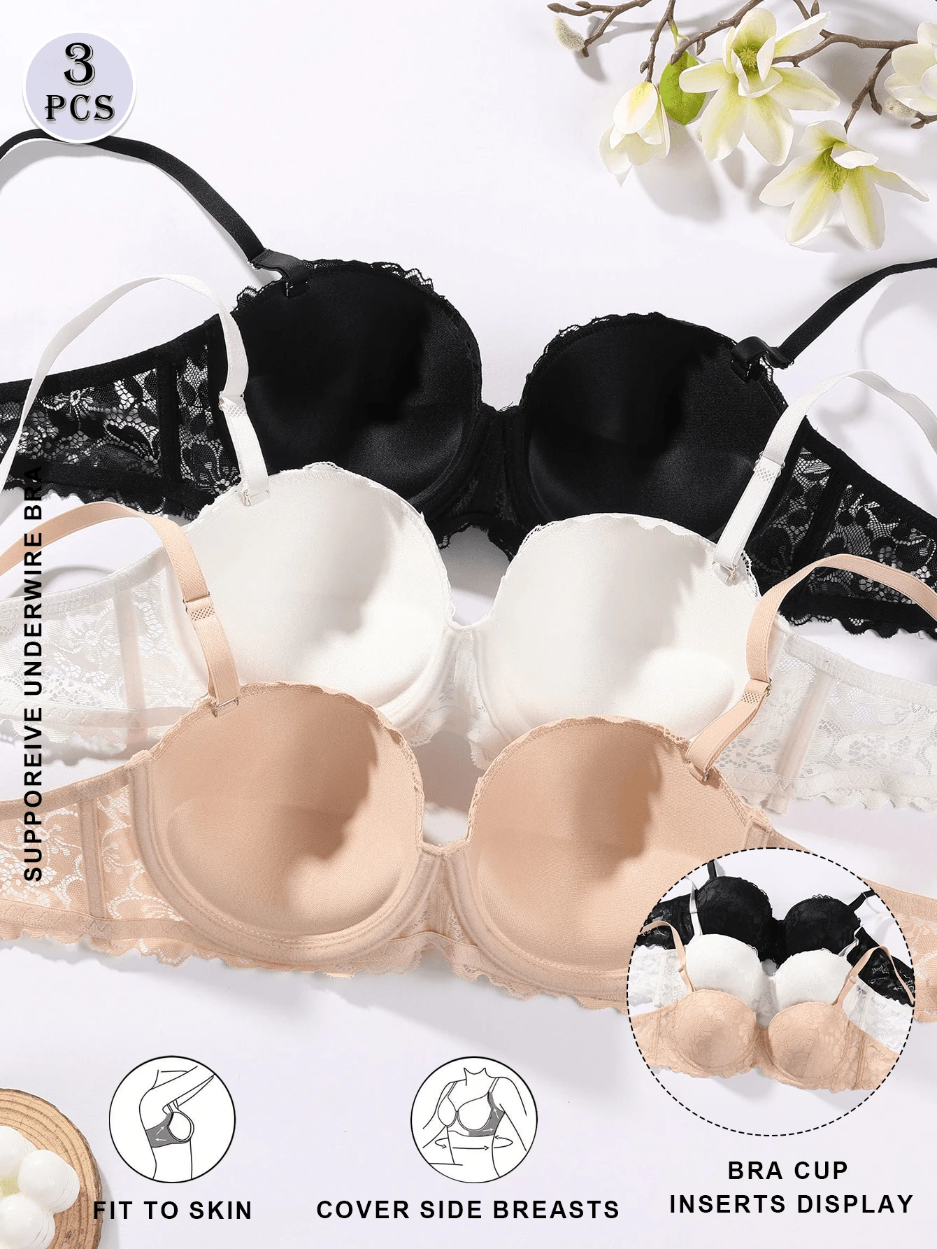 3pcs Women's Fashion Floral Lace Underwire Bras, Push-Up Thick Padded Side Support, Comfortable T-Shirt Bra, Adjustable Spaghetti Strap, Suitable For Daily Autumn Wear - Multicolor - View 1