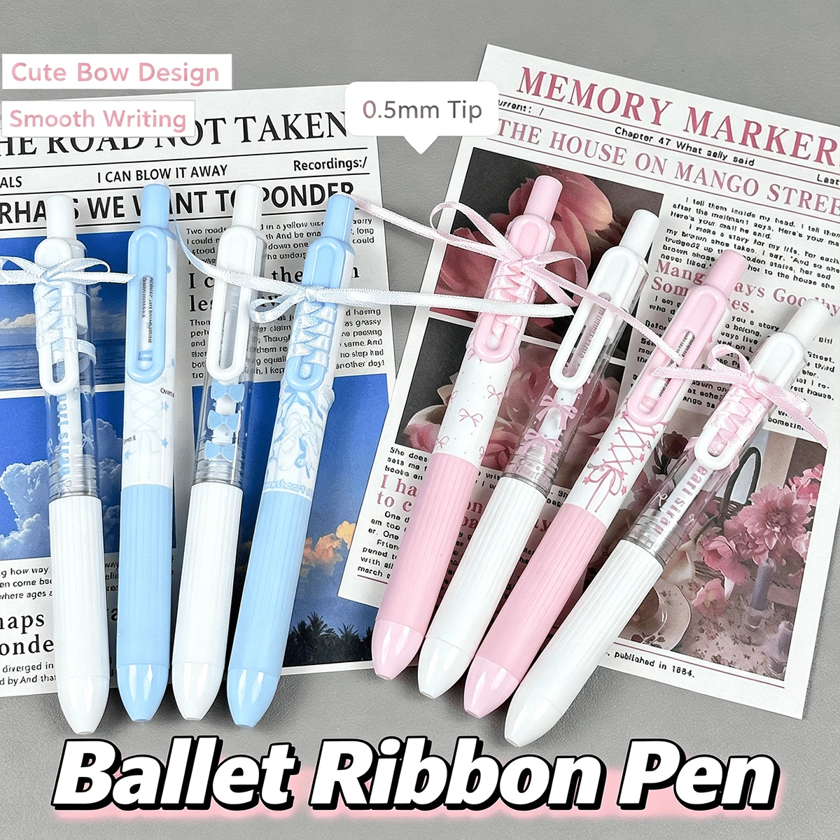 4pcs Cute Ballet Bow Ribbon Neutral Pen Set, 0.5mm ST Tip Quick-Dry Smooth Writing, Ins Style Aesthetic Student Exam School Stationery Supplies - Sets - View 1