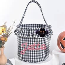 Personalized Ruffle Halloween Storage Basket, Customizable Name Plaid Trick Or Treat Bag, Halloween Candy Bucket, Halloween Gift Storage Bin, Coquette Halloween - Multicolor - View 32