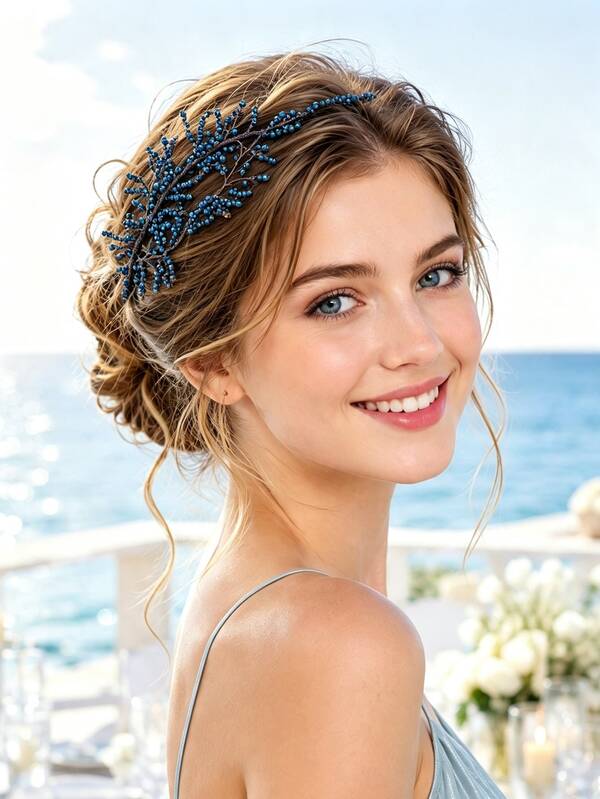 Blue Beaded Branch Headband Women Elegant Crystal Hair Vine Bridal Hair Accessories For Wedding Bride Prom Party Headwear