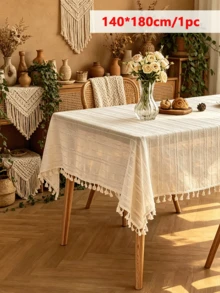 1/24Pcs Bohemian Style Minimalist Striped Tassel Edge Tablecloth, Suitable For Dining Room, Living Room, Holiday Party, Home Daily Decoration, Skin-Friendly, Washable And Reusable - Beige - View 12
