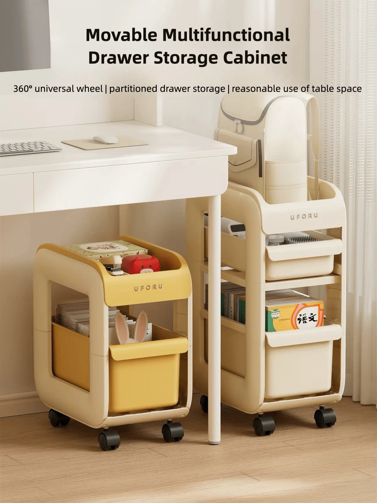 1pc Office Desk Side Rolling Storage Trolley, UFORU Multi-Layer Movable Under Desk Organizer Cart With Smooth Wheels, Space-Saving Utility Trolley For Backpack Documents Stationery, Storage Drawer Units