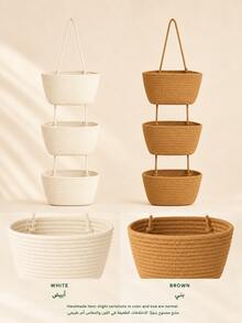 1pc 3-Tier Rope Woven Hanging Storage Basket, Detachable Decorative Storage Rack, Suitable For Living Room, Bathroom And Bedroom, Over-The-Door Multi-Compartment Storage Basket - White - View 8