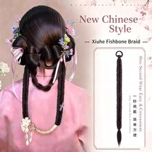 Nova Peruca Estilo Chinês para Maquiadores, Trança de Espinha de Peixe da Noiva Xiuhe, Cabelo Trançado Qipao, Acessório de Cabelo com Trança Torcida Feito à Mão Pré-Pronto - Preto - Visão 14