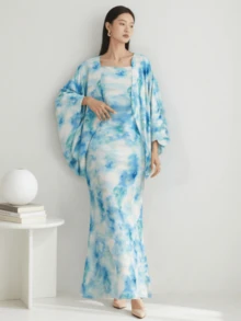 Elegant Women's Tie-Dye Open Front Cardigan And Dress Set For Wedding, Vacation, Date And Daily Wear - Blue - View 3