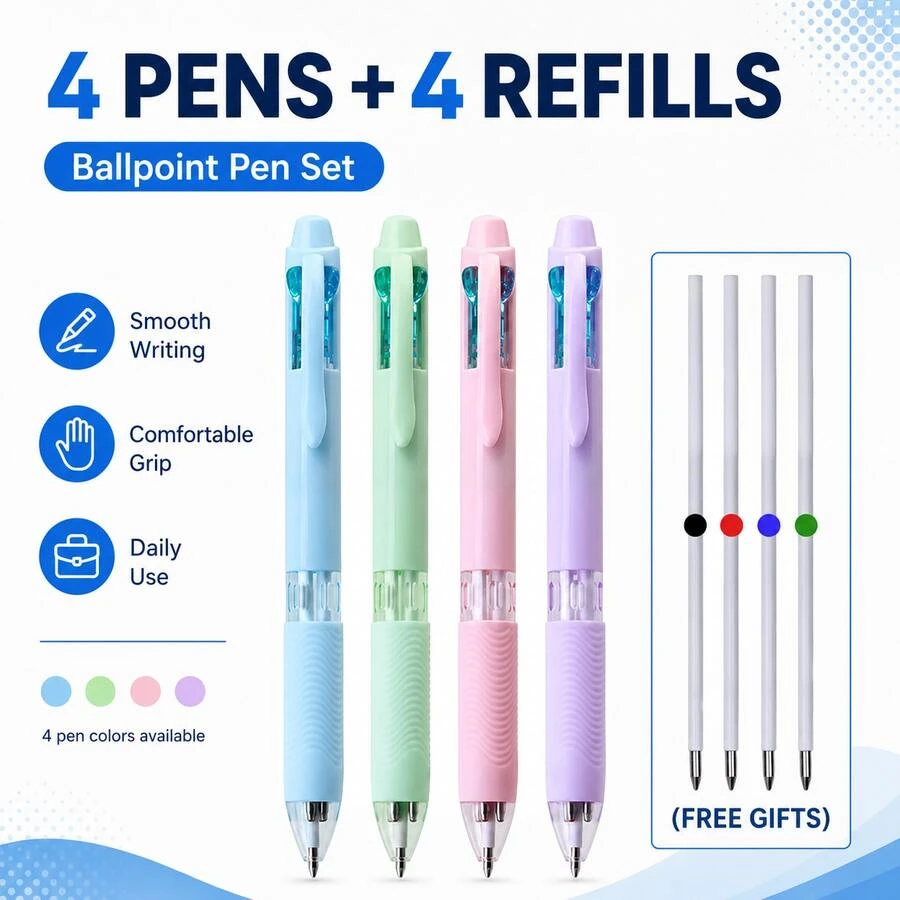 4 Paket Pulpen Ballpoint Multiwarna 4-in-1 dengan 4 Isi Ulang Gratis, Tinta Hitam Merah Biru Hijau, Pulpen Tarik dengan Pegangan Nyaman untuk Pelajar, Sekolah, Kantor, Mencatat, Menulis Jurnal, Perencanaan, dan Menulis Sehari-hari