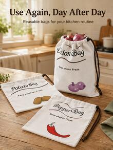 Modern Rectangular Drawstring Vegetable Storage Bag Set With Printed Potato Onion And Pepper Designs, Side Zipper Access And Easy Carry Cords, Kitchen Pantry Organizer Bags For Home, Apartment, Dorm, Housewarming, Harvest Season And Daily Use. - Multicolor - View 6