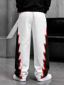 Krometka Men's American Street Style Side Jagged Contrast Print Wide Leg Sweatpants, Drawstring Elastic Waist Straight Leg Casual Long Pants - White - View 4