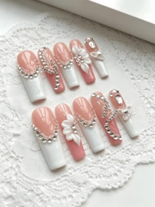 10pcs Handmade French Luxury Rhinestone Butterfly 3D Flower Reusable Y2K Hot Girl Style Acrylic Press On Nails For Hands, Vacation, Vacation Outfits, Graduation, Suitable For Girls, Holiday, Wedding, Party - Hot Pink - View 2