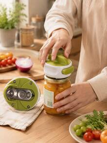 1Pc Stainless Steel Jar Bottle Opener, Easy Grip Ergonomic Handle Can Opener, Durable Multi Function Kitchen Tool, Green White Labor Saving Lid Opener For Jars Bottles Cans, For Kitchen Dining Bar Picnic Camping, Seniors Gift, Kitchen Gadget - View 3