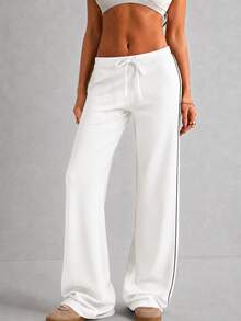 Women's Low-Rise Modal Knit Drawstring Wide-Leg Pants With Contrast Piping - Black and White - View 2