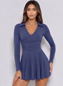 Never me Setelan Pakaian Tenis Wanita Model V-Neck, Gaun Golf dan Celana Pendek 2 Potong dengan Kantong Terintegrasi - Biru - View 5