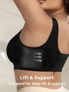 1pc Plus Size Women's Ribbed Wireless Bra, V-Neck, Wide Strap, Seamless Knit Soft Lift Support Bra, Built-In Non-Removable Padding, Comfortable Fit Lingerie, Suitable For Daily Wear And Layering - Black - View 2