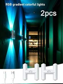 1pc, 2pcs H-Shaped Magnetic USB Rechargeable Motion Sensor Wall Light, Drill-Free Color Changing RGB LED Ambient Night Light, Auto On/Off Wireless Sensing Decorative Lamp, Suitable For Hallway Bedroom Stairs Closet Cabinet - Multicolor - View 11