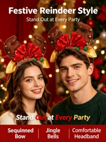 1pc Christmas Party Headband With Sequin Bow, Deer Horns And Bells, Suitable For Holiday Party Costume And Daily Hair Accessory,Halloween - Multicolor - View 5