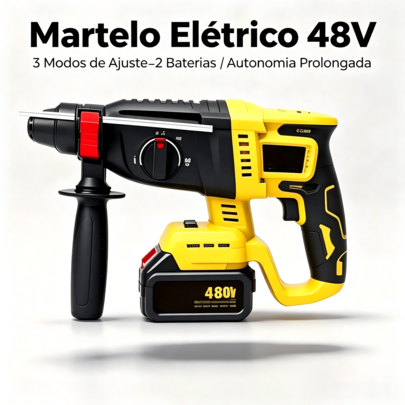 Conjunto de Furadeira de Impacto Sem Fio 48V 3 em 1: Furadeira de Impacto e Martelo Hidráulico Profissional | Bateria recarregável de alta potência para concreto, paredes, alvenaria, construção e reformas