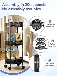3‑Tier Folding Rolling Storage Cart, Metal Utility Shelf, Rotatable And Foldable Storage, Space‑Saving, Stable Structure, Multi‑Layer Mobile Storage Shelf, Suitable For Kitchen, Living Room, Bathroom And Dormitory - Multiple Specifications - View 8