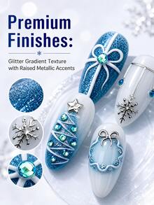 NAIO 10pcs Almond Shaped Press-On Nails, Fashionable Winter Holiday Fake Nails, Ice Blue & Ivory Color Palette, 3D Christmas Tree Snowflake Bow Decoration, Silver Frame With Blue Rhinestone Accents, Glossy Full Coverage Artificial Nails, Suitable For Christmas Party Wear - Multicolor - View 3