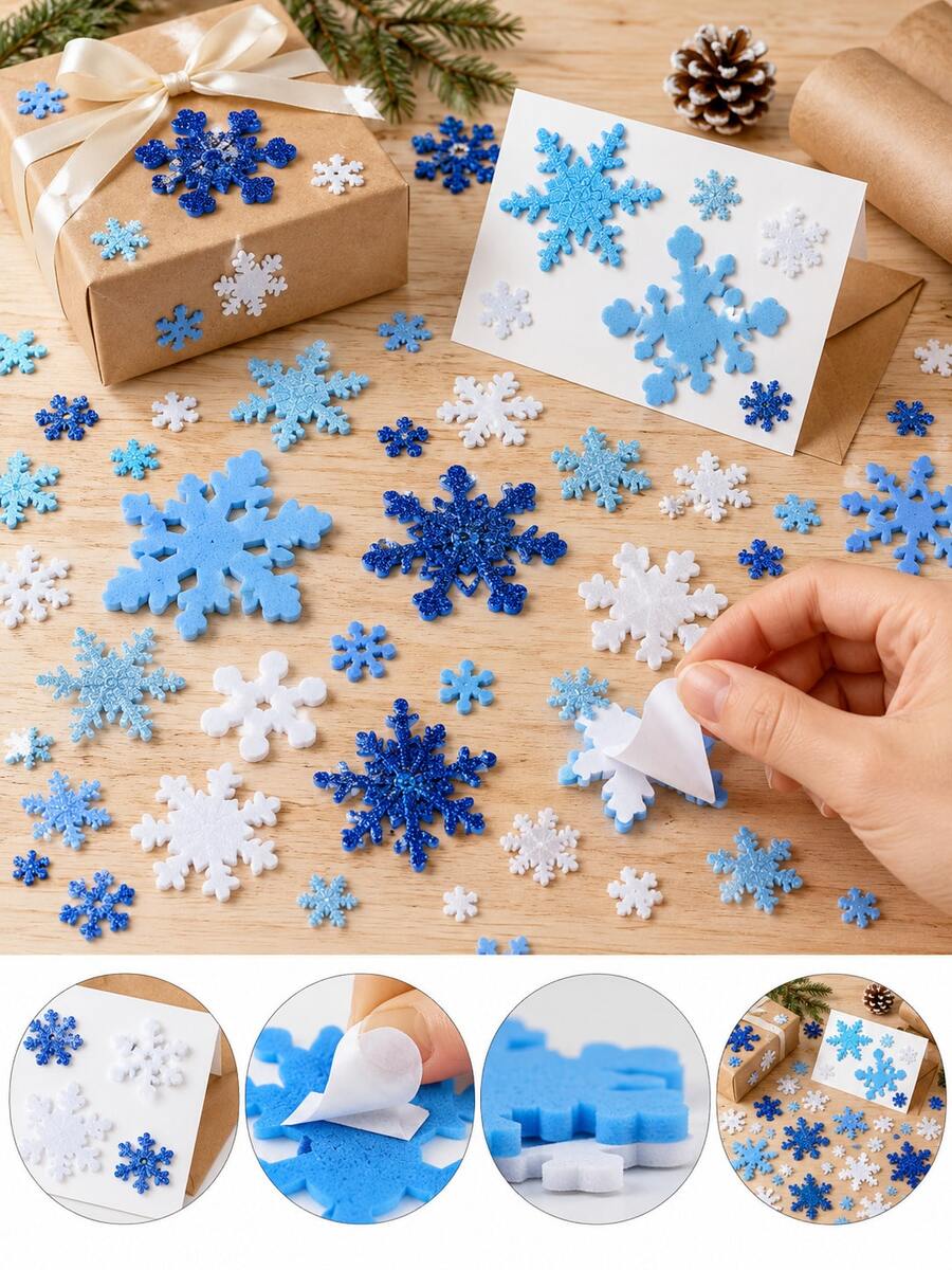 300pcs/100pcs - Christmas Blue & White Snowflake Foam Sticker Set, Self-Adhesive Multiple Sizes Glitter & Matte Snowflake Decals, Suitable For DIY Card Making, Gift Wrapping, Window Display, Scrapbooking, Winter Holiday Party Decoration - Multicolor - View 1