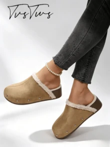Women's Fashion Rivet Plush Lining Thick Sole Mule Slippers, Slip-On Round Toe Closed Toe Half-Slipper, Warm Casual Outdoor Thermal Slippers For Autumn/Winter - Light Khaki - View 2