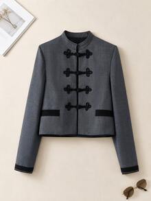 Women's Vintage Knot Button Decor Jacket - Grey - View 1
