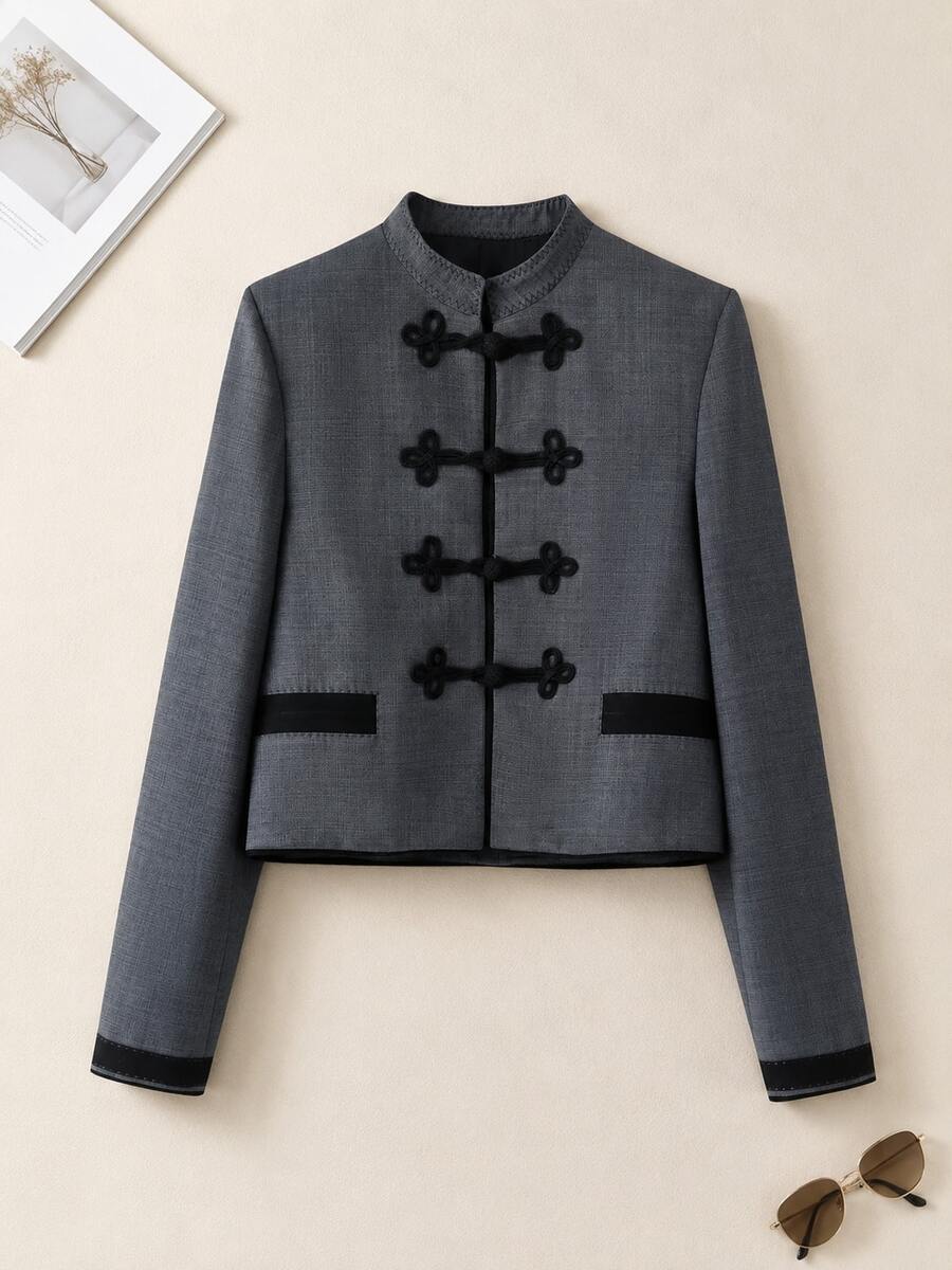 Women's Vintage Knot Button Decor Jacket - Grey - View 1