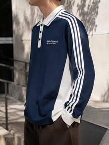 Adidas Men's POLO LS Soft Comfortable Contrast Collar Long Sleeve Top KW5687 - Deep Indigo/Han Jade White - View 3