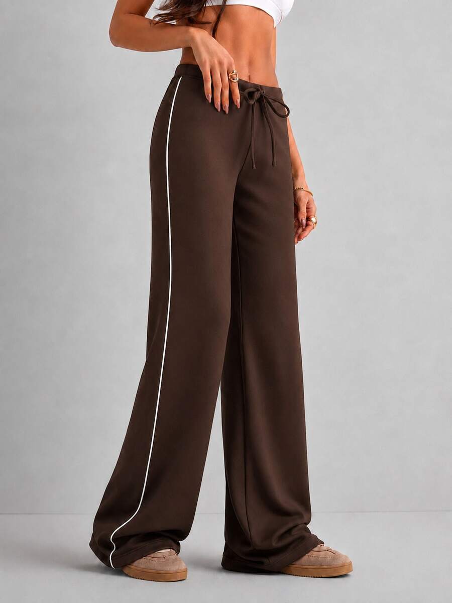 Women's Low-Rise Modal Knit Drawstring Wide-Leg Pants With Contrast Piping - Coffee Brown - View 1