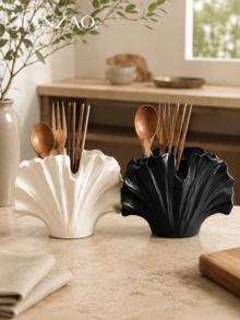 1pc Wabi-Sabi Style Ginkgo Leaf Tableware Storage Rack, Black Spotted White Multi-Compartment Utensil Holder, Large Capacity Chopsticks Spoon Fork Storage Bucket, Rustic Farmhouse Kitchen Countertop Homestay Decor Gift - Seashell Cutlery Organizer - View 10
