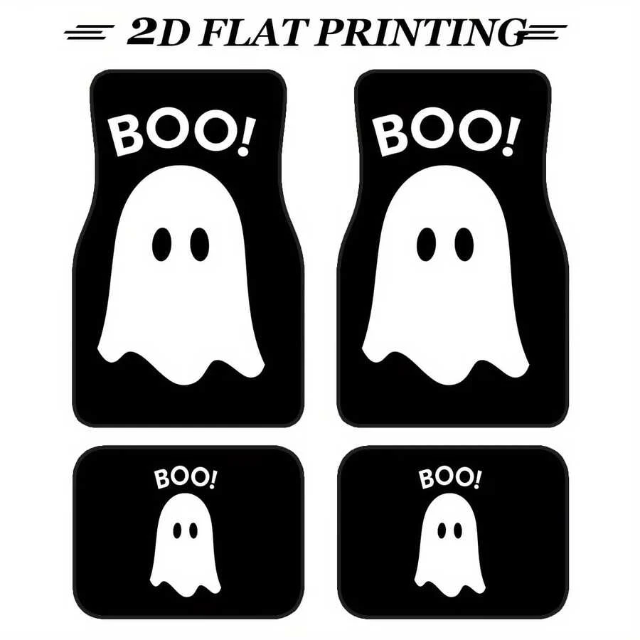 4pcs Car Floor Mats, Happy Halloween BOO Ghost Scare Pattern Design, Suitable For Sedan, SUV Models, Fashionable Interior Decoration, Protect Car Bottom, Perfect Holiday Gift - Halloween BOO - View 1