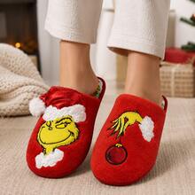 The Grinch 1 Pair Adult Christmas Plush Slippers, Soft & Warm Fuzzy Indoor House Shoes With 3D Santa Hat And Cartoon Embroidery, EVA Sole, Green/Red Holiday Gift - Slippers - View 6