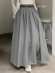 Autumn/Winter High Waist Draped Pleated Long Skirt, Elegant Commute A-Line Maxi Skirt For Halloween And Christmas - Grey - View 1