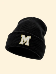 1pc Unisex Knitted Cuffed Beanie Cap With A-Z Letter Chenille Embroidered Patch, Soft‑Touch Warm Winter Casual‑Chic Headwear For Weekend Trips - Black - View 17