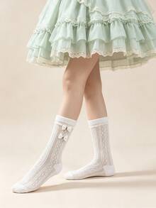 1/5 Pairs Vintage Mori Style Bow Lace Trim Mid-Calf Socks - Multicolor - View 11