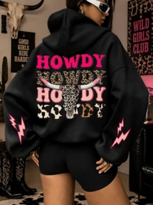 Leopard Print Letter Animal Graphic Hooded Sweatshirt, Plus Size Women's Casual Autumn/Winter Long Sleeve Pocket Sweatshirt Black - Black - View 1