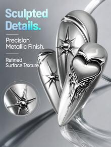 NAIO 10pcs Long Wearable Nails, Mirror Silver Metallic Finish Fake Nails, Futuristic Liquid Metal Gloss, 3D Metal Heart, Star & Streamline Pattern, Shiny Full Coverage Artificial Nails, Suitable For Nightclub Party & Daily Wear - Multicolor - View 2