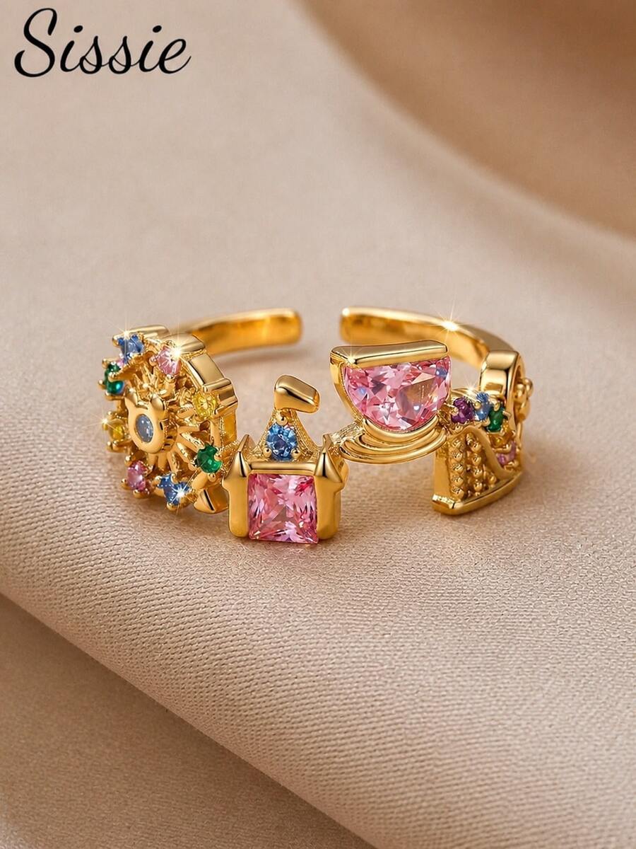1 buah Cincin Anak Perempuan Lucu Bergaya Dongeng Kartun dengan Hiasan Zirkonia Warna-warni, Bentuk Kastil dan Kincir Ria, Cocok untuk Pesta, Taman Hiburan, Aktivitas Luar Ruangan, Liburan & Pemakaian Sehari-hari - Satu-Ukuran - View 1