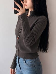 Women's Casual Minimalist Slimming Zip-Up Cardigan Sweater Knit Jacket, Autumn/Winter - Grey - View 4