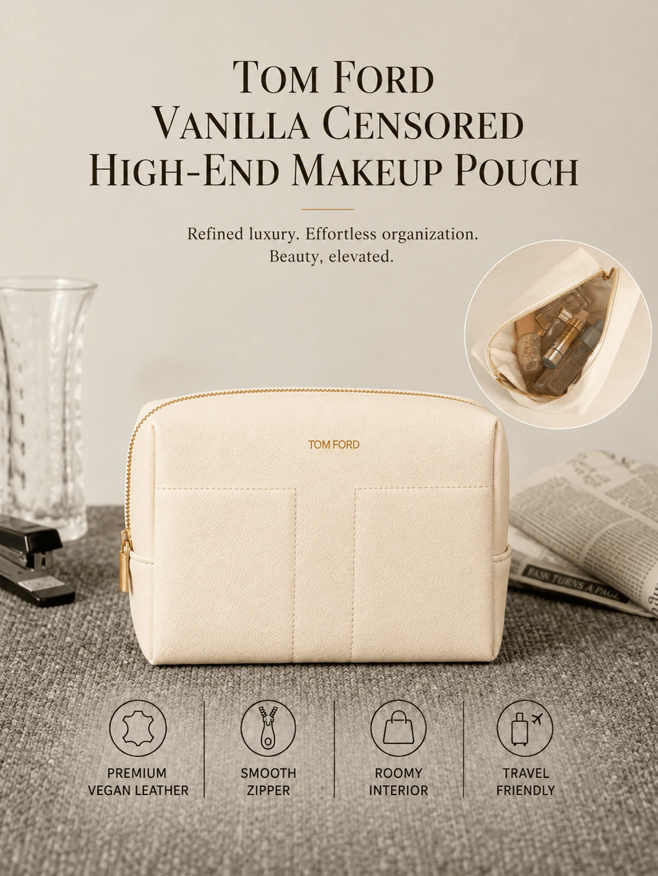 Tom Ford TF Forbidden Vanilla Couture Makeup Bag, 25*15.5*7 Cm, Lightweight, Easy To Carry, For Daily Essentials, Minimalist Design, Premium Fabric, Suitable For Travel Storage.