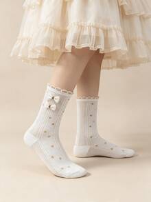 1/5 Pairs Vintage Mori Style Bow Lace Trim Mid-Calf Socks - Multicolor - View 9