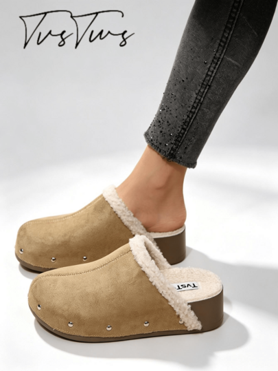 Women's Fashion Rivet Plush Lining Thick Sole Mule Slippers, Slip-On Round Toe Closed Toe Half-Slipper, Warm Casual Outdoor Thermal Slippers For Autumn/Winter