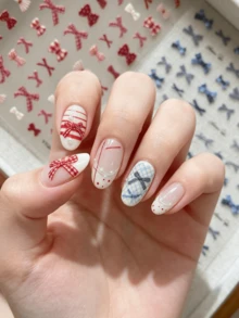 1 Sheet Plaid Bow Nail Stickers, Retro Red‑Blue Gingham Ribbon Bow Nail Decals, Classic Checkered Bow Nail Art Decor Accessories For DIY Manicure - Multicolor - View 3